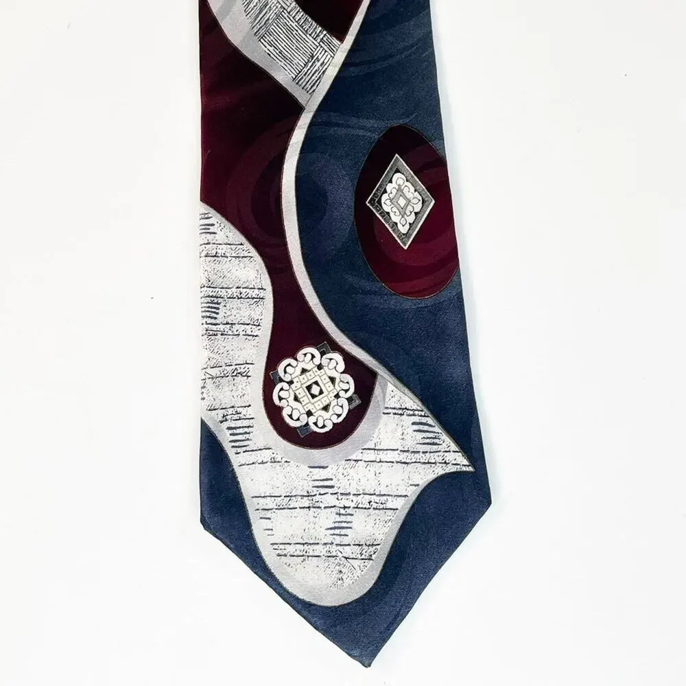Alexander Lloyd Abstract Print Mens Neck Tie X-Long Blue Grey 100% Silk Mase USA